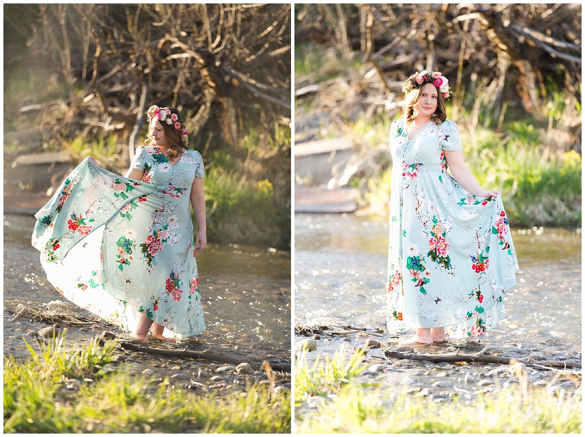 two images of a woman in long dress in a shallow stream with a floral crown
