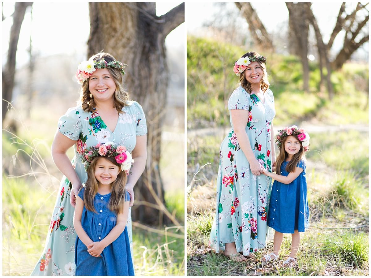 two portraits of a mom and her young girl with floral crowns