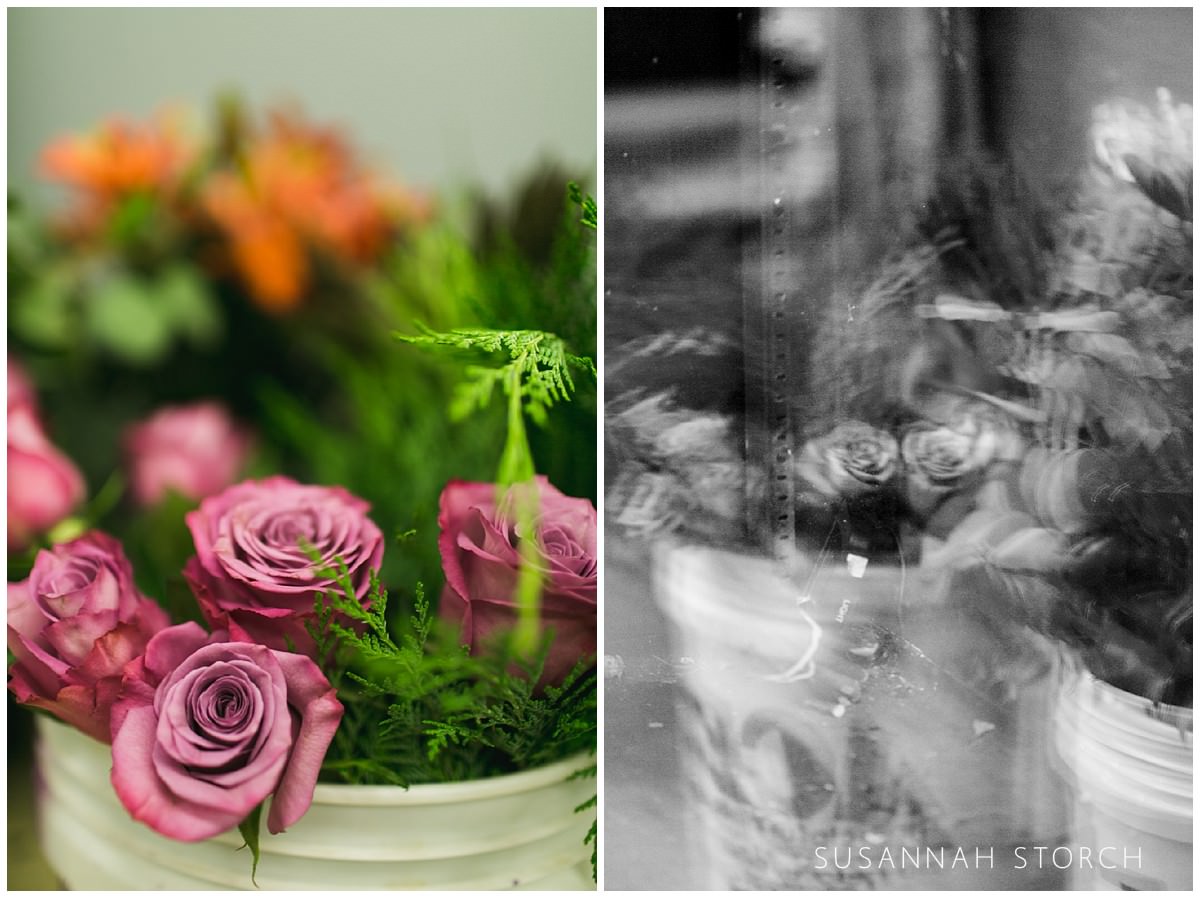 Two images of buckets of flowers