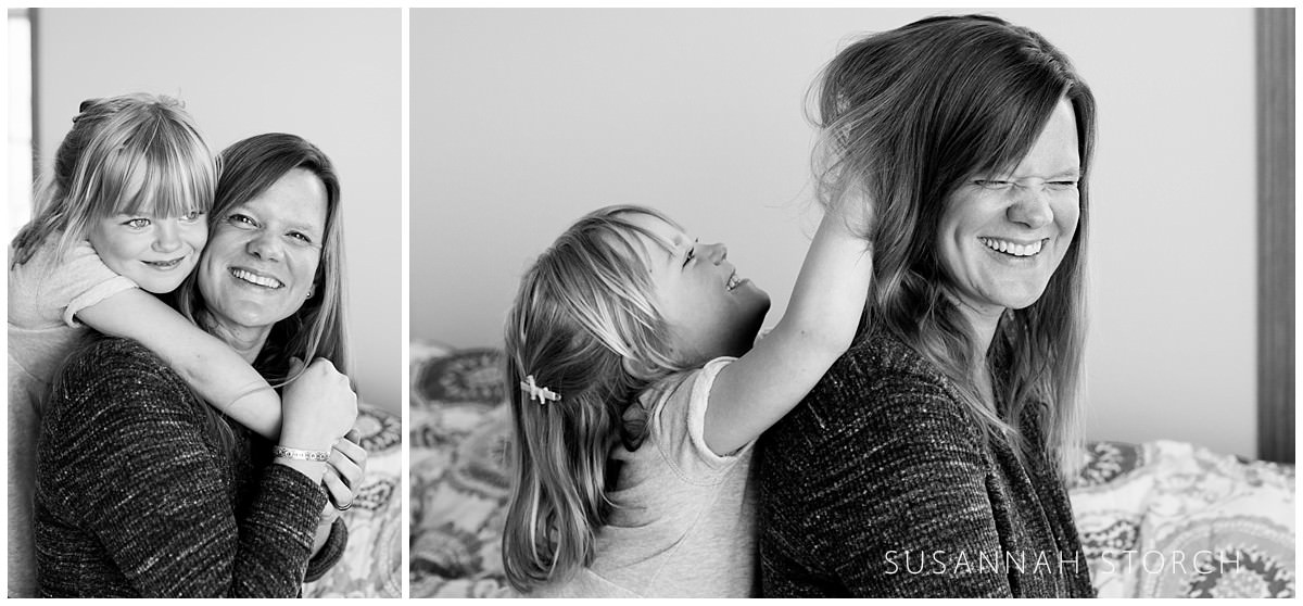 two black and white images of a mom and daughter