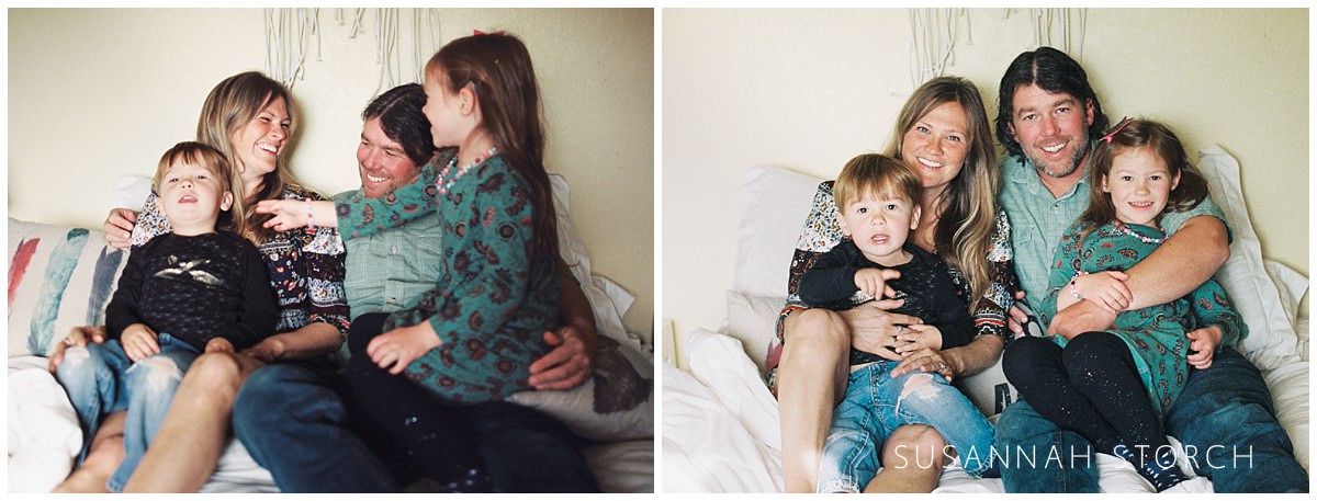 two images of a family hanging out during a photography shoot