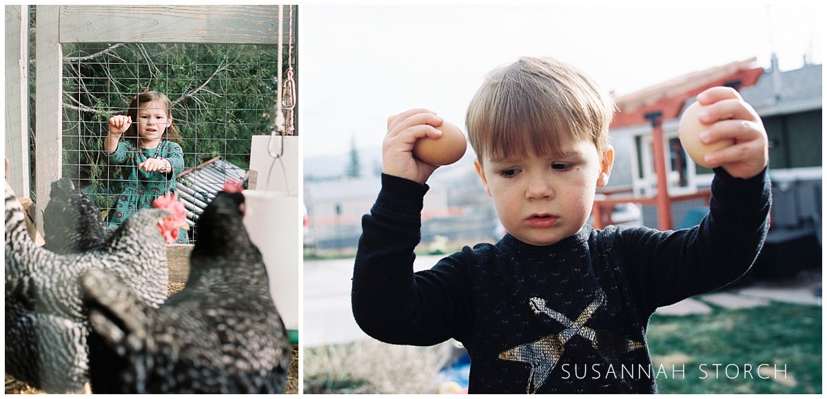 two images of colorado kids tending to backyard chickens