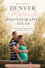 Expecting parents standing together by a rustic fence during a warm outdoor Denver maternity photo session.