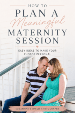Expecting parents sitting together on white porch steps during a Colorado maternity photography session.