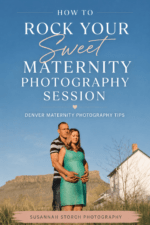 Expecting parents standing together under a blue Colorado sky during an outdoor maternity photography session.