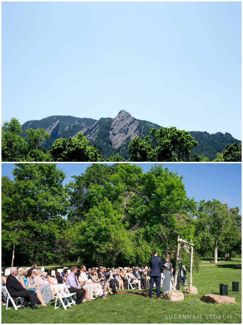 two photos of the events during a chautauqua wedding