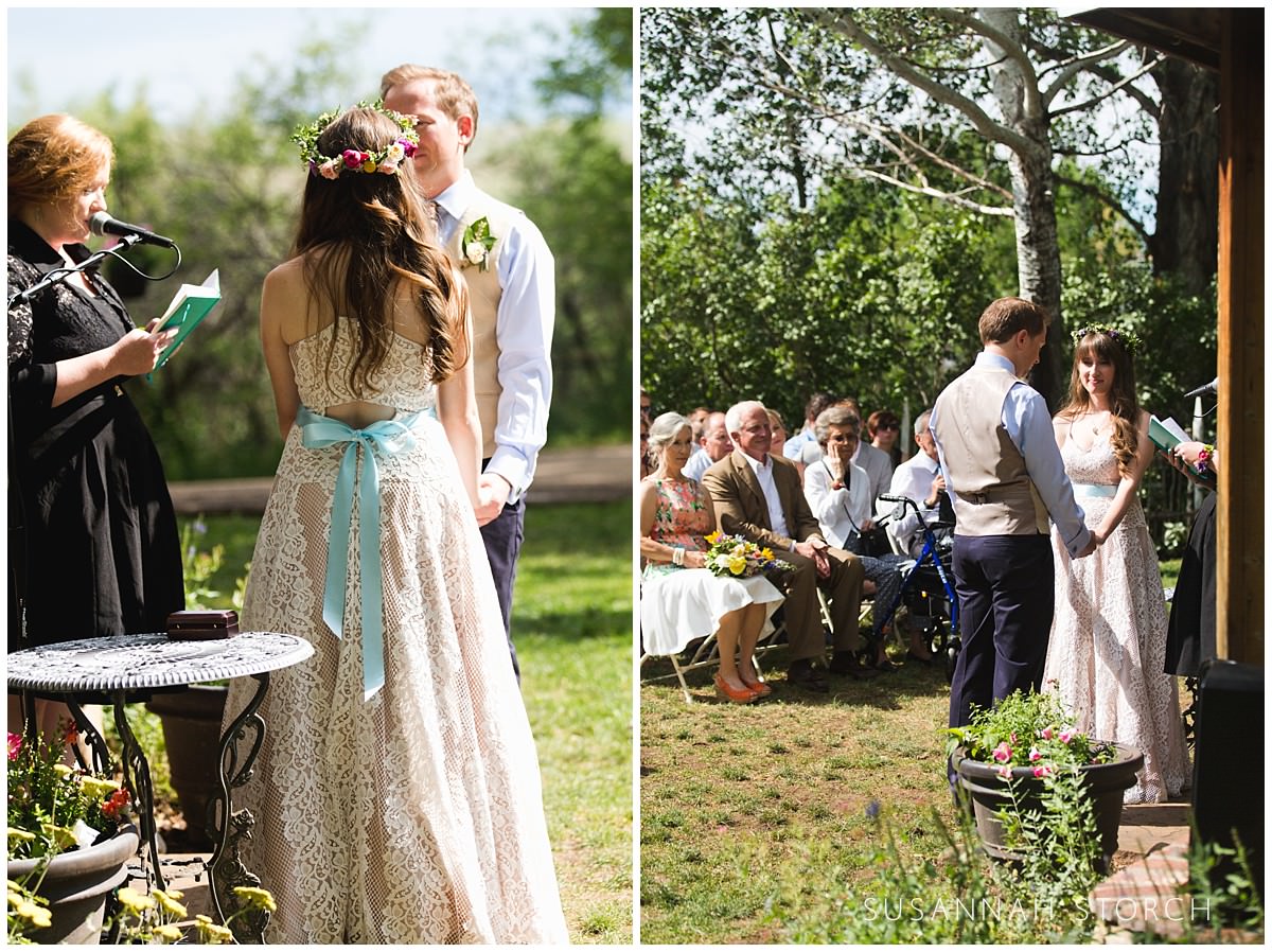 Two images of a wedding couple during an outdoor wedding ceremony