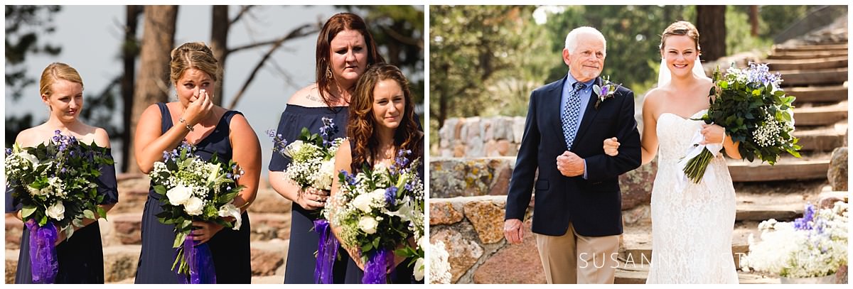 two images of a wedding ceremony up flagstaff mountain