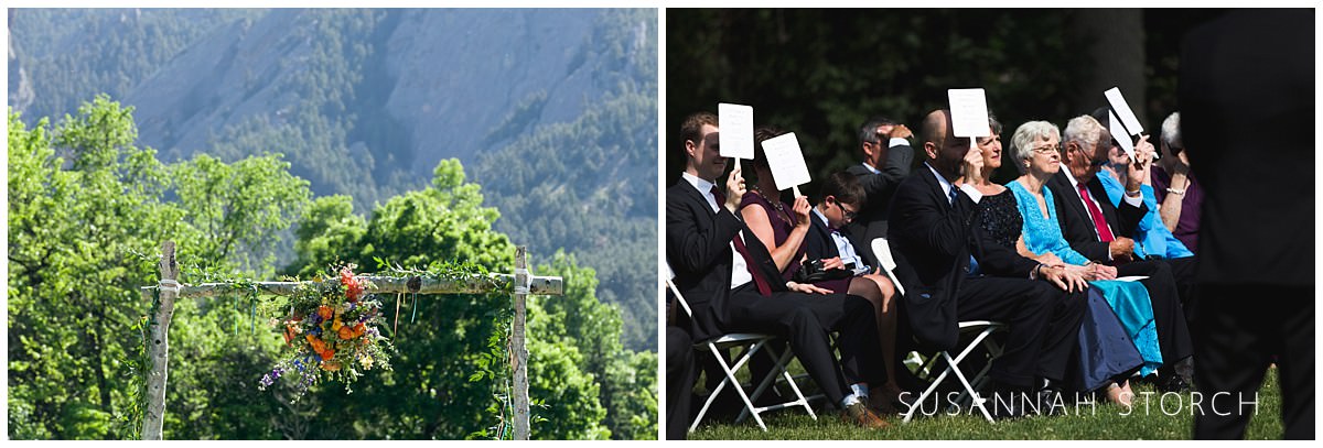 two images of a chuatuauqua lawn wedding ceremony