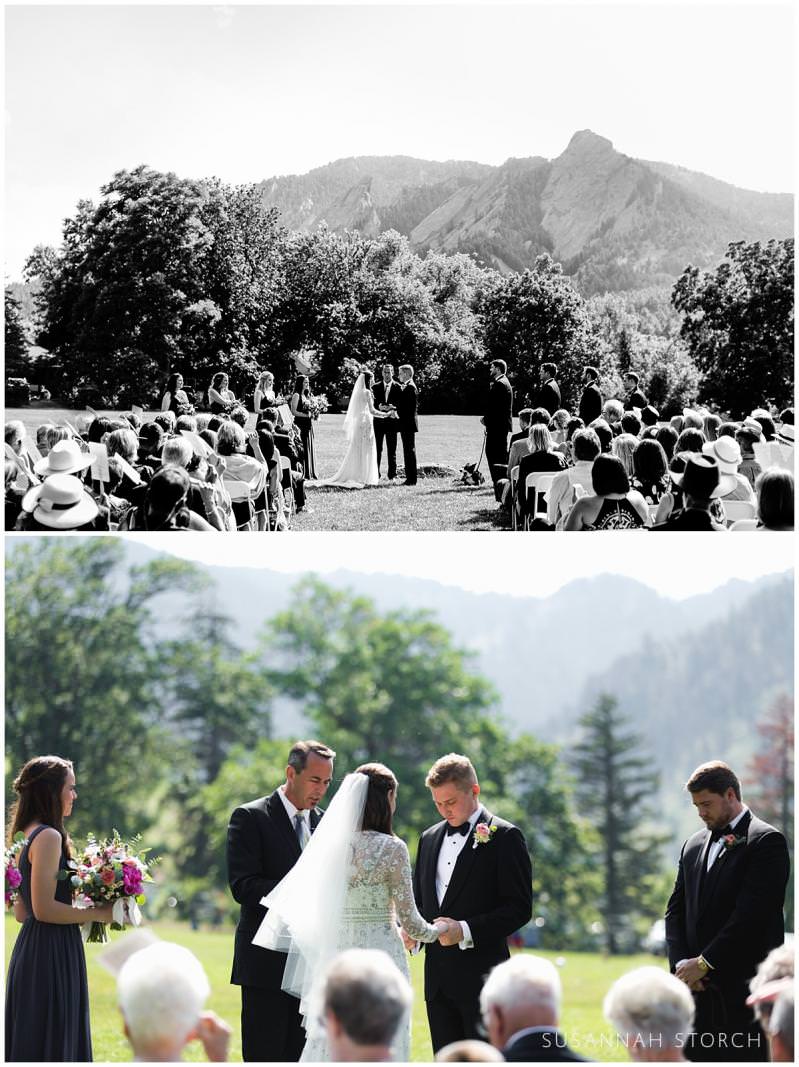 two images of chautauqua lawn in boulder during a wedding ceremomy