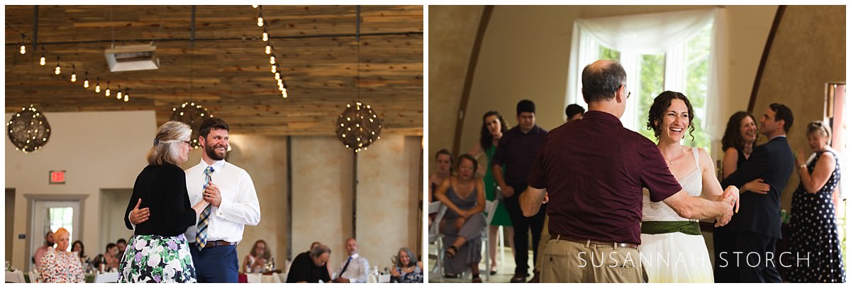 two images of parent dances during a lone hawk farm wedding reception