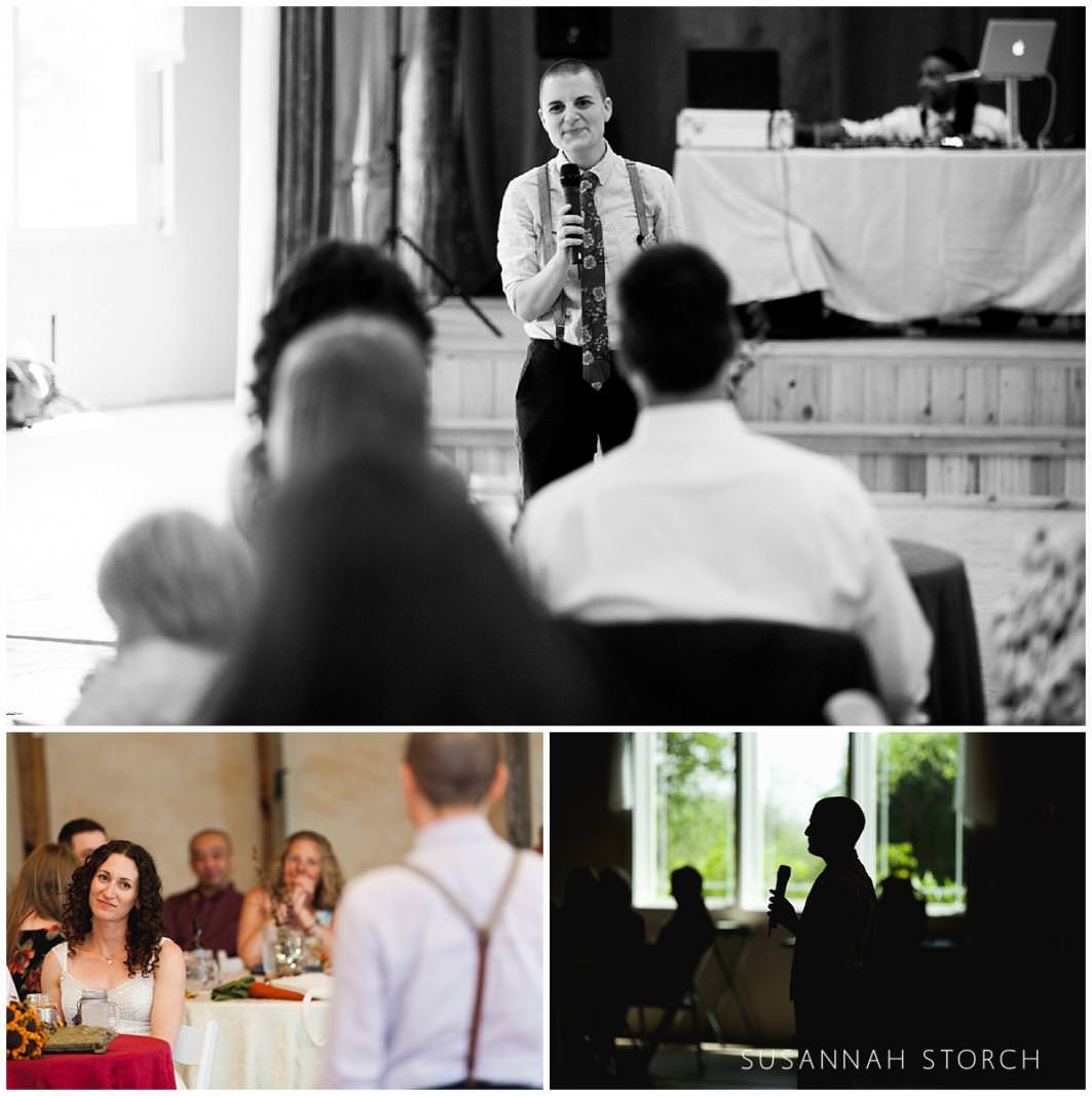 a loved ones gives a speech at a colorado wedding reception
