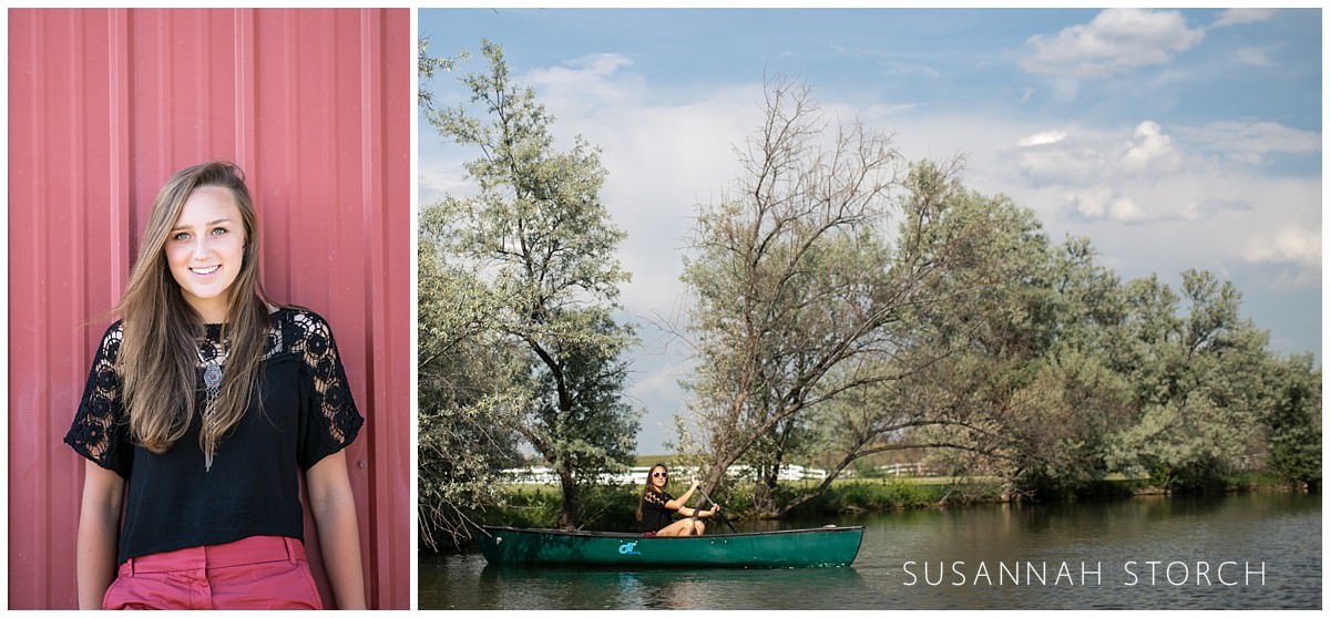 two images of senior portrait photos: girl in front of barn and girl in a canoe