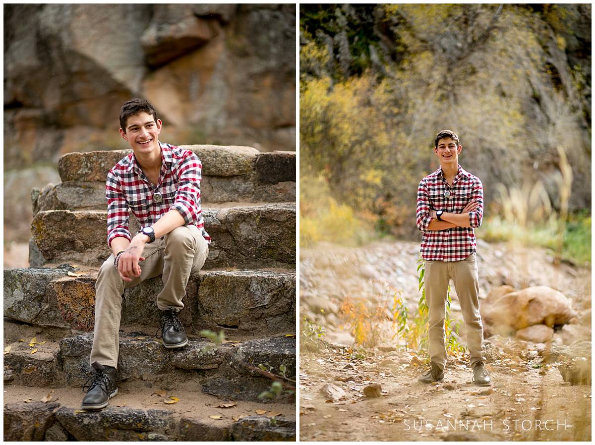 two images of a high school image in a fall landscape