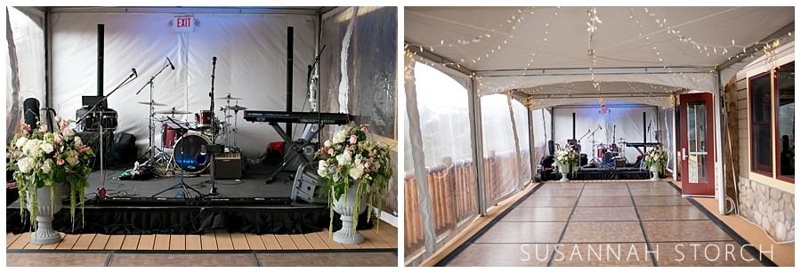 two images of a tent on a deck