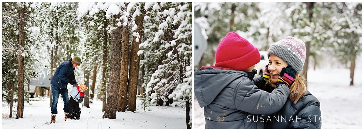 two images of families in the snow