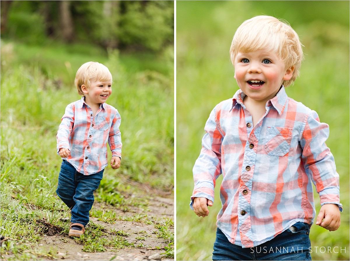 two images of a blonde boy running