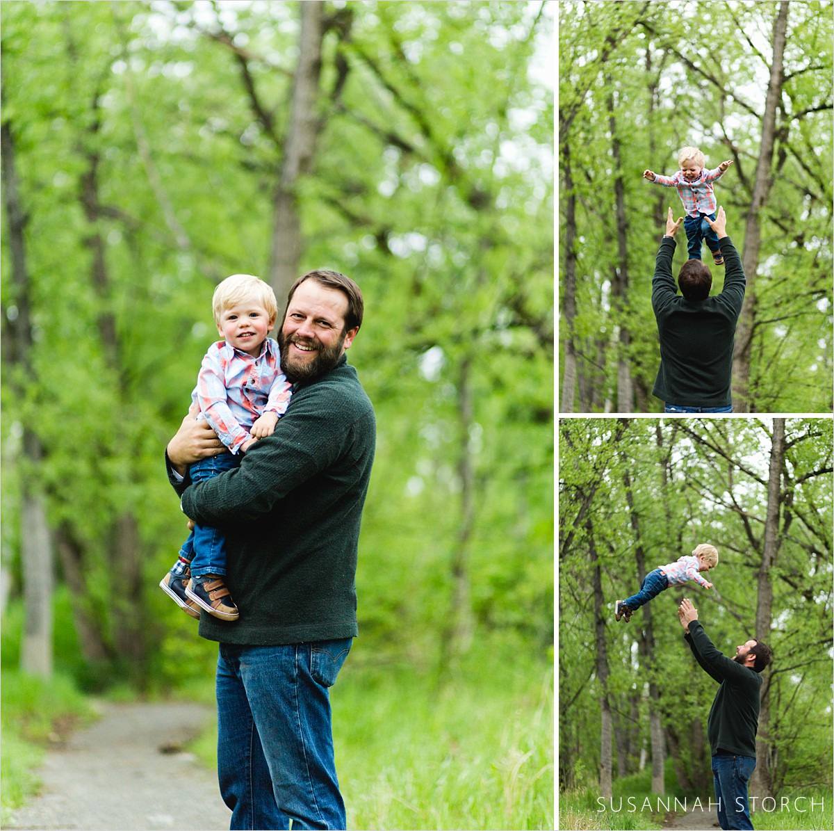 three images of a dad holding his son during an outdoor photo session