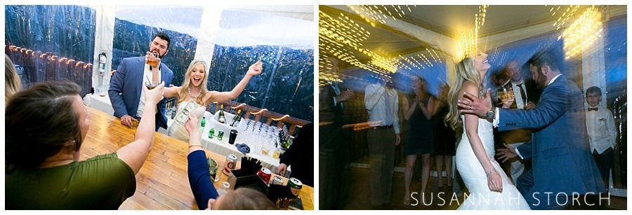 two images of wedding dancing and bar in a tent