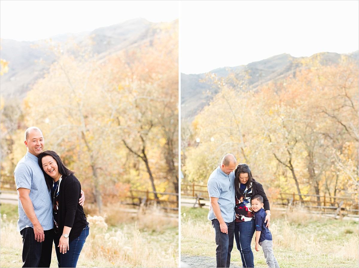 two images of a family in front of fall color trees