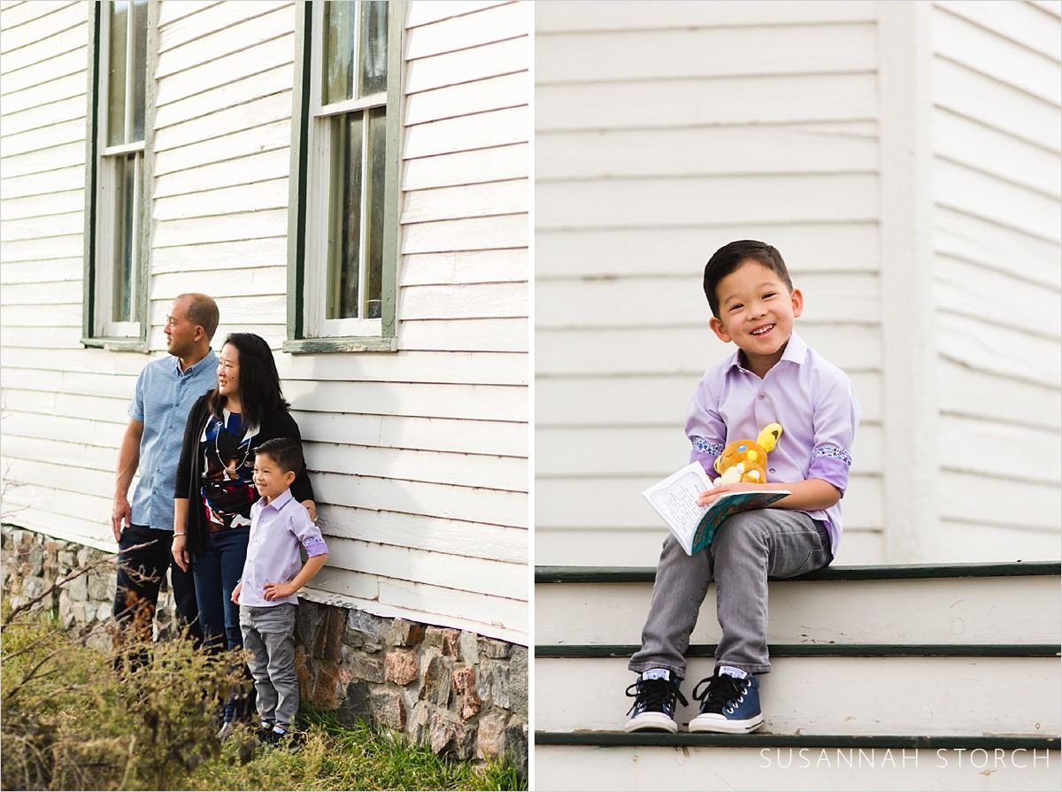two images of a family in front of a white building