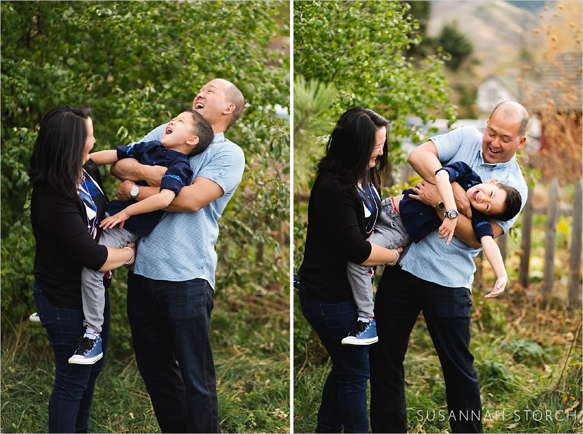 two images of a family playing and laughing