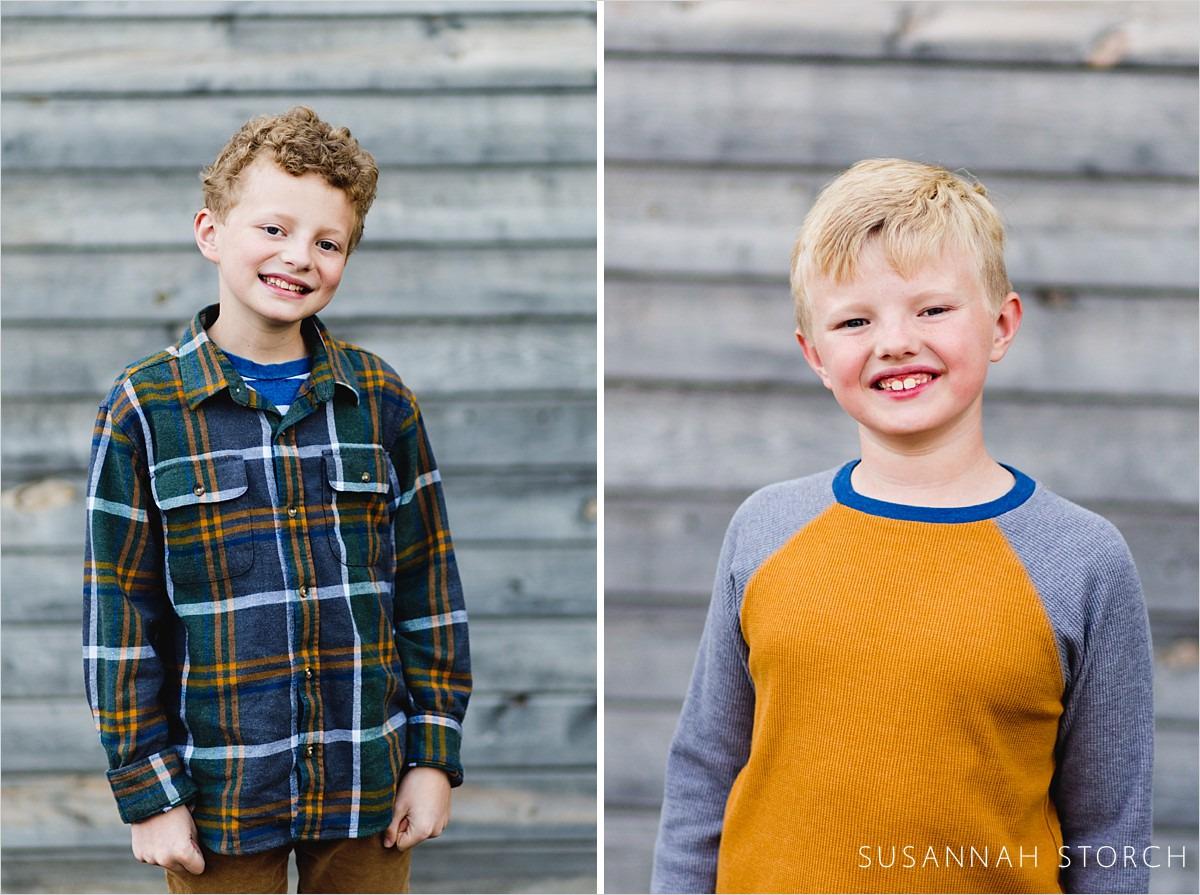 two photos of boys in front of wood walls