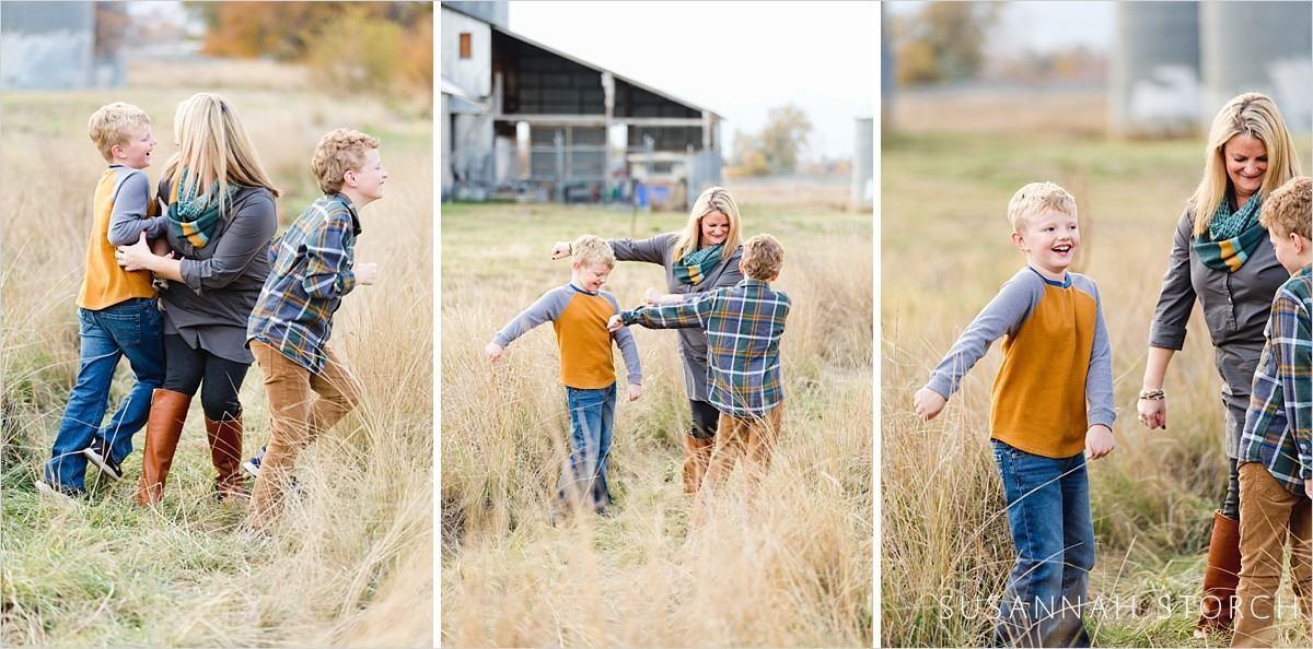 three images of a mom and her sons dancing in front of old buildings