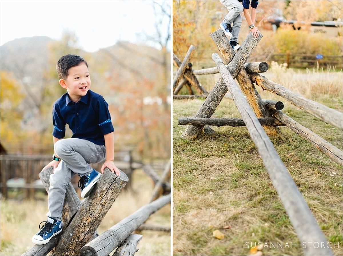 two images of a boy and a wooden fence