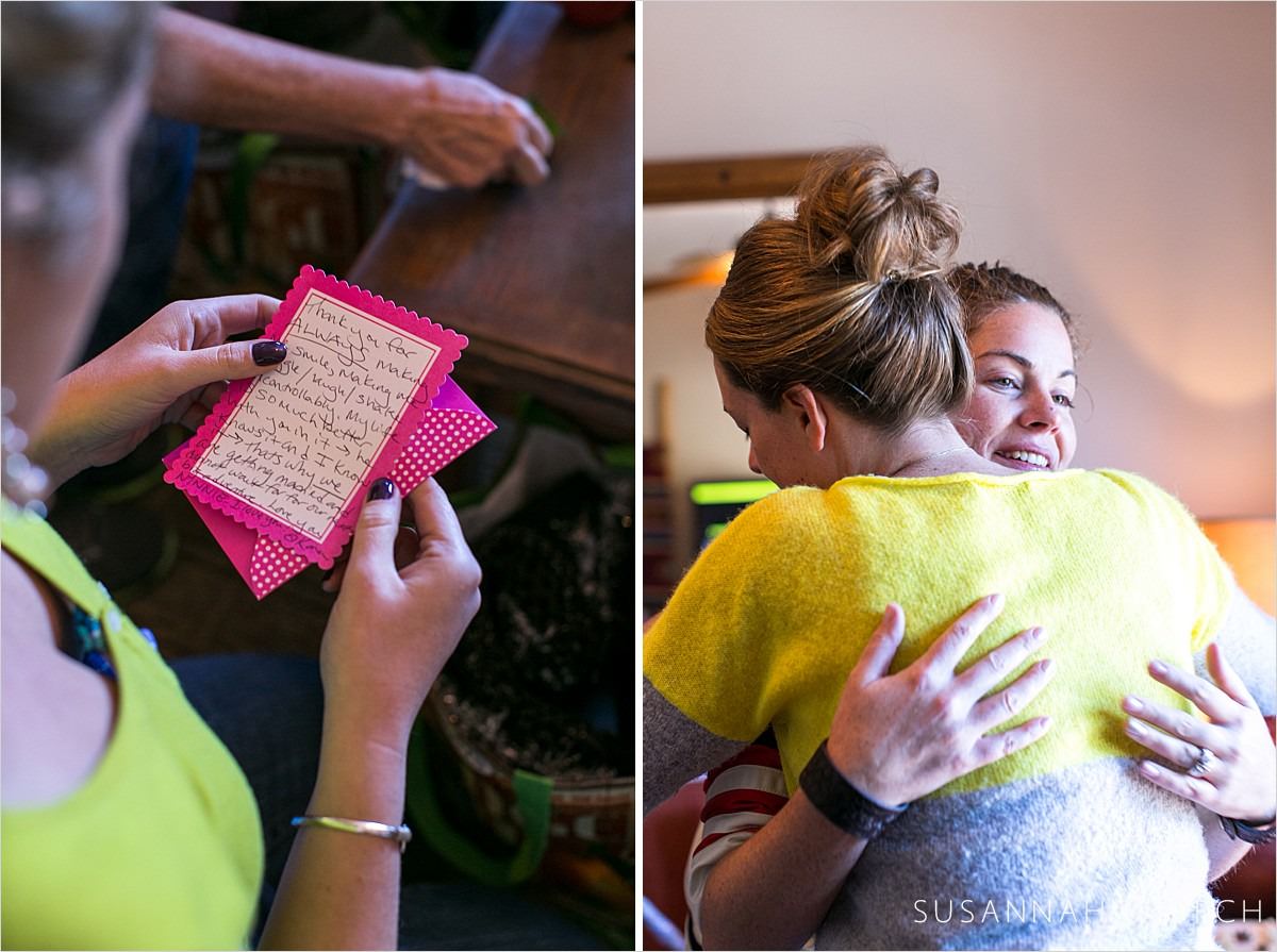 woman reads a note, woman gives a hug