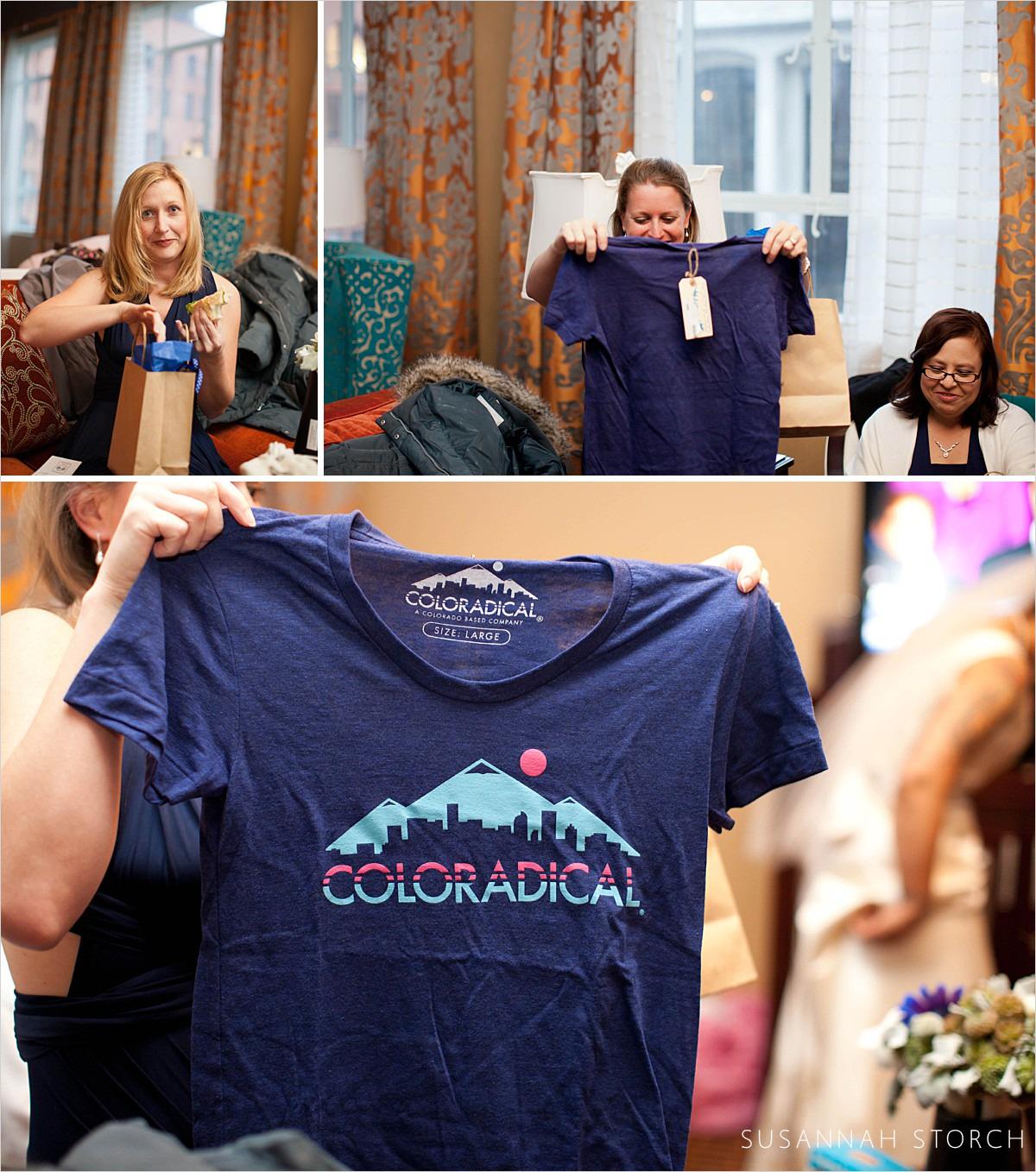 images of bridal party members receiving tee-shirts as a token of gratitude