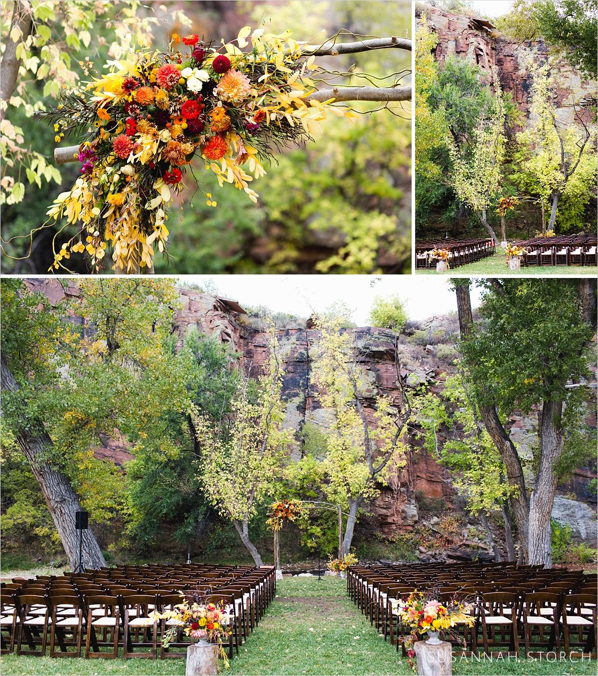 three images of flowers and seating for a fall wedding