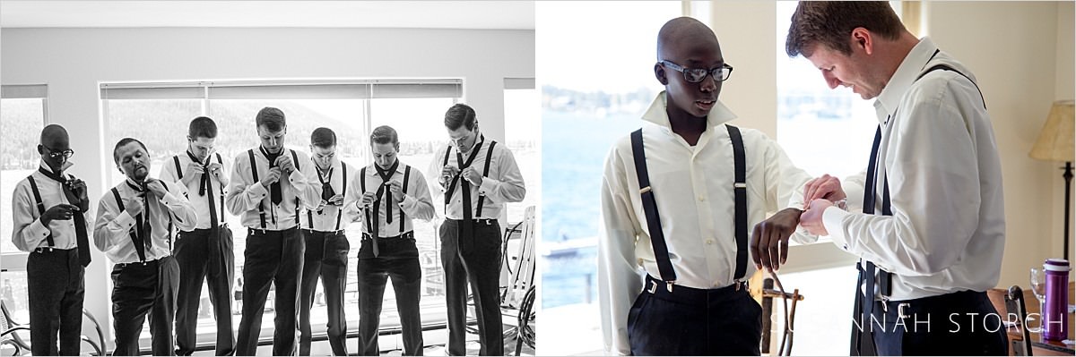 two black and white images of groomsmen getting ready