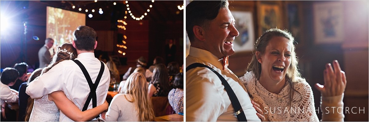 two images of a wedding couple laughing during wedding toasts