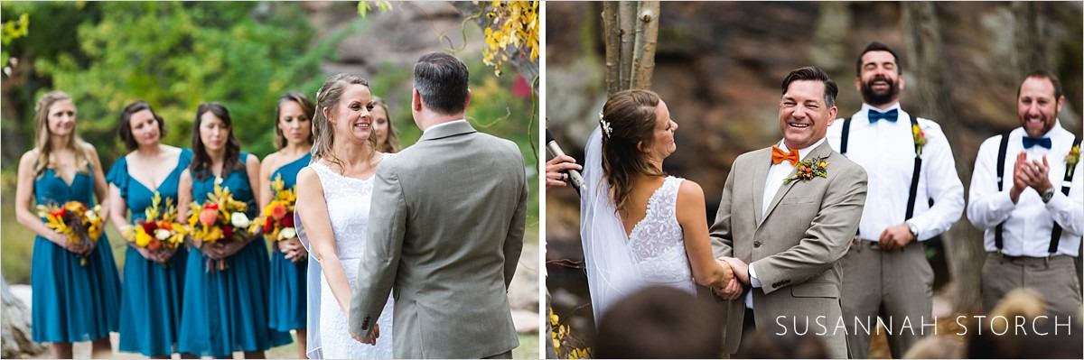two images of a bride and groom smiling during their fall wedding ceremony