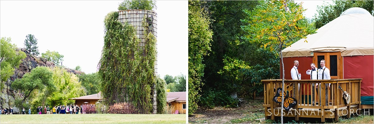 two images of the property of planet bluegrass in lyons, co showing a silo and a yurt