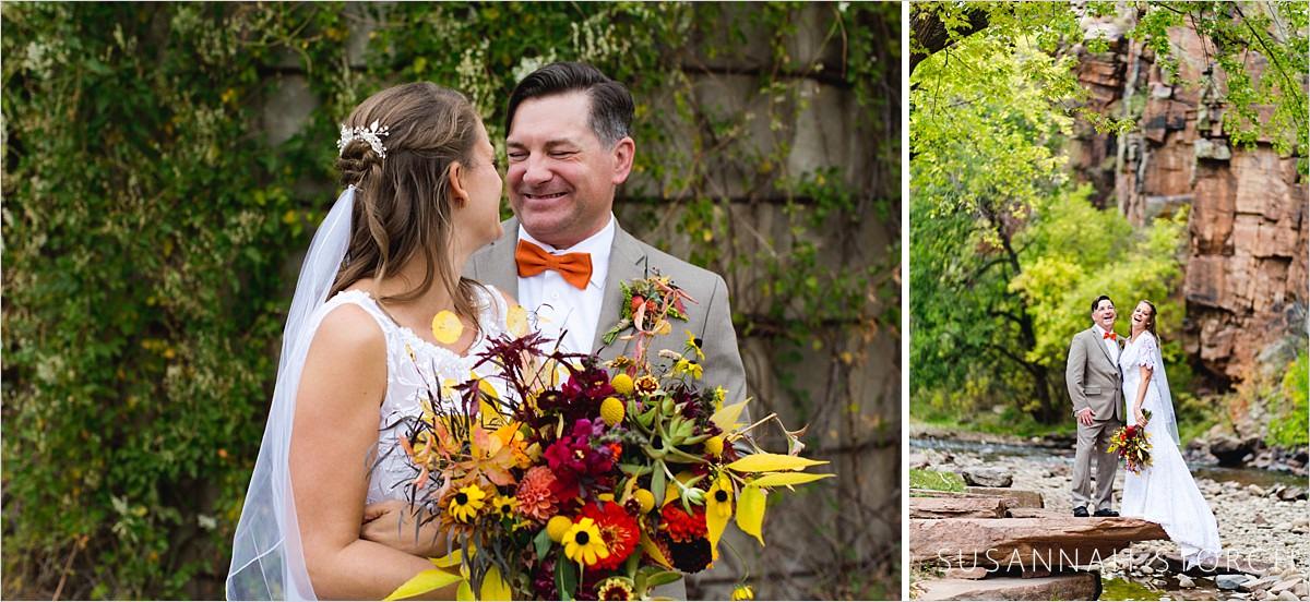 two images of a couple enjoying time together during their wedding portraits