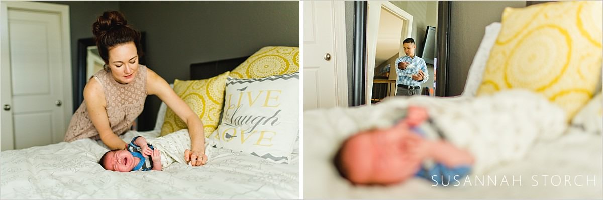images of parents taking care of baby twin boys