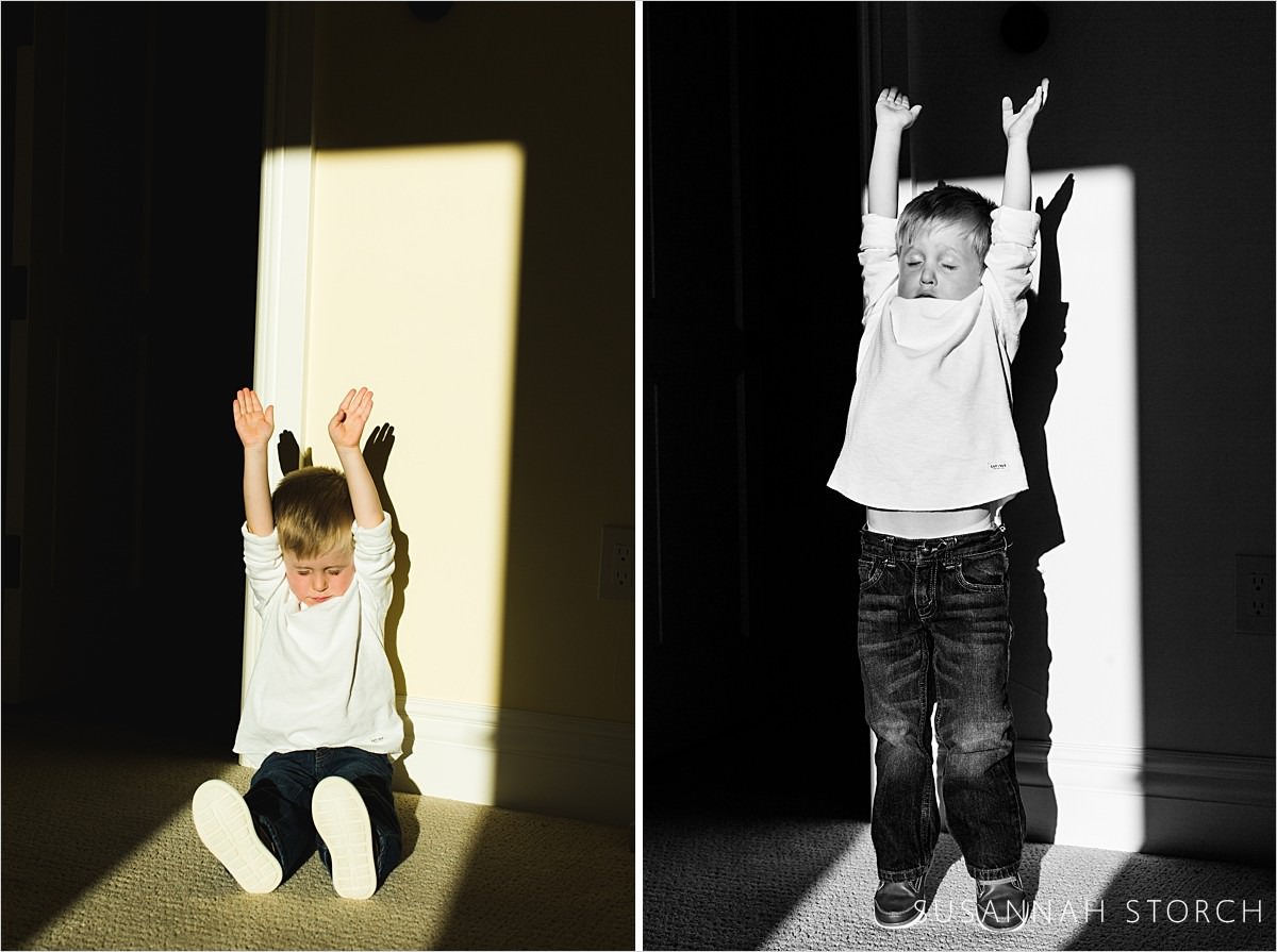 two image of a boy stretching in sunlight
