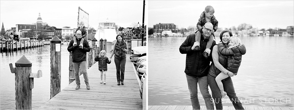 two black and white images of a family walking along annapolis docks