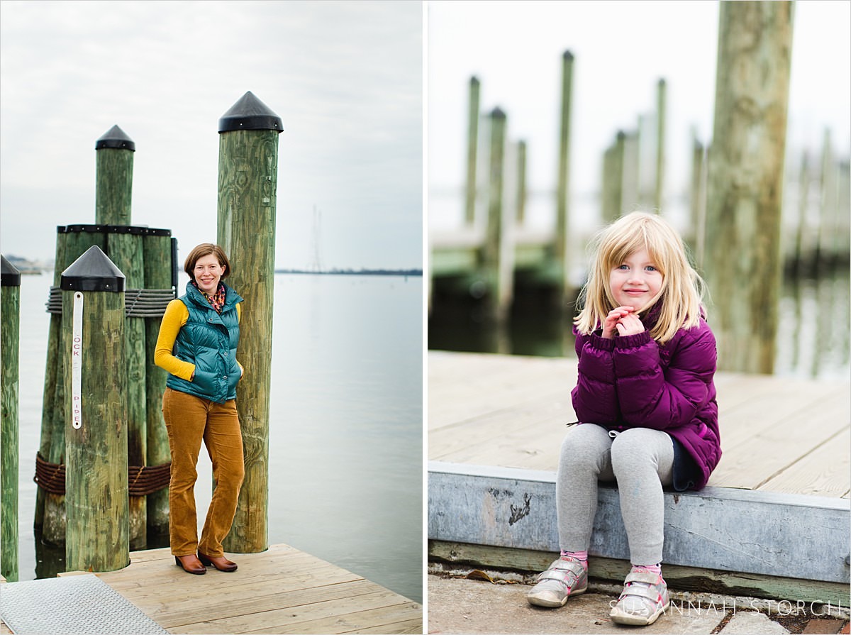 two images of a mom and a daughter at the city docks in annapolis