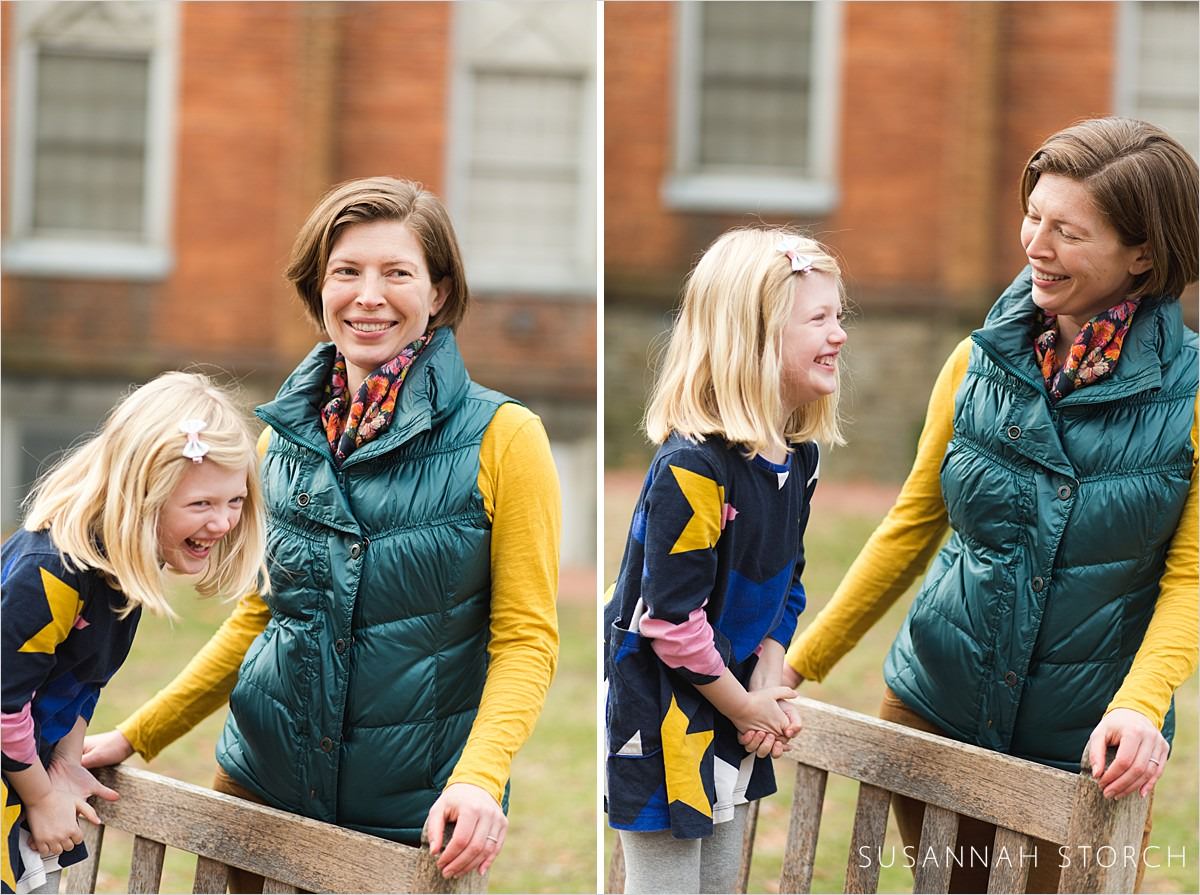 two imags of a laughing mom and daughter
