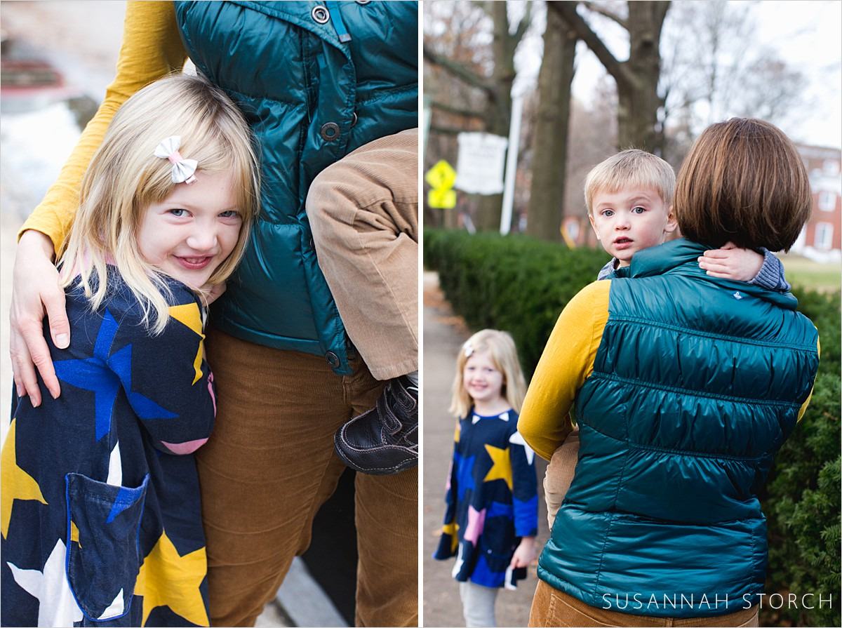 two images of a maryland mom holding her cute kids