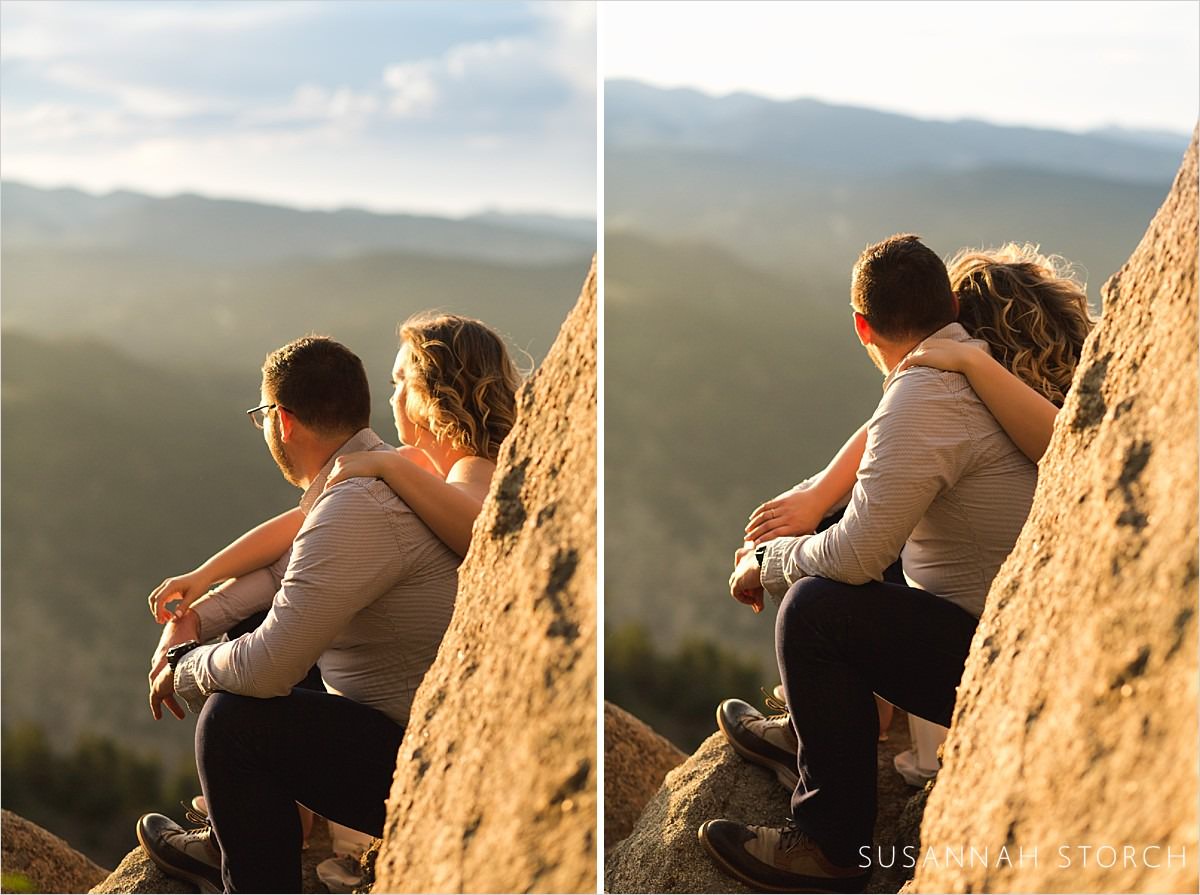 two images of a couple on a rock wrapped in sunlight