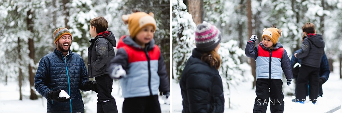 two images of a family making and throwing snowballs