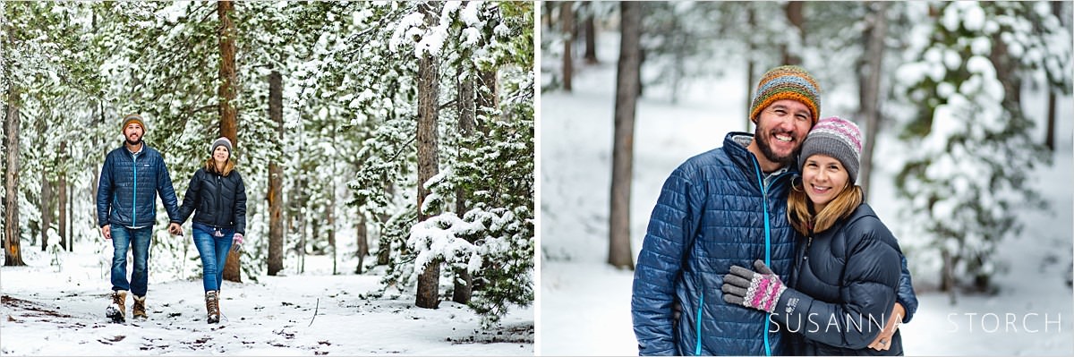 two images of parents in the colorado snow