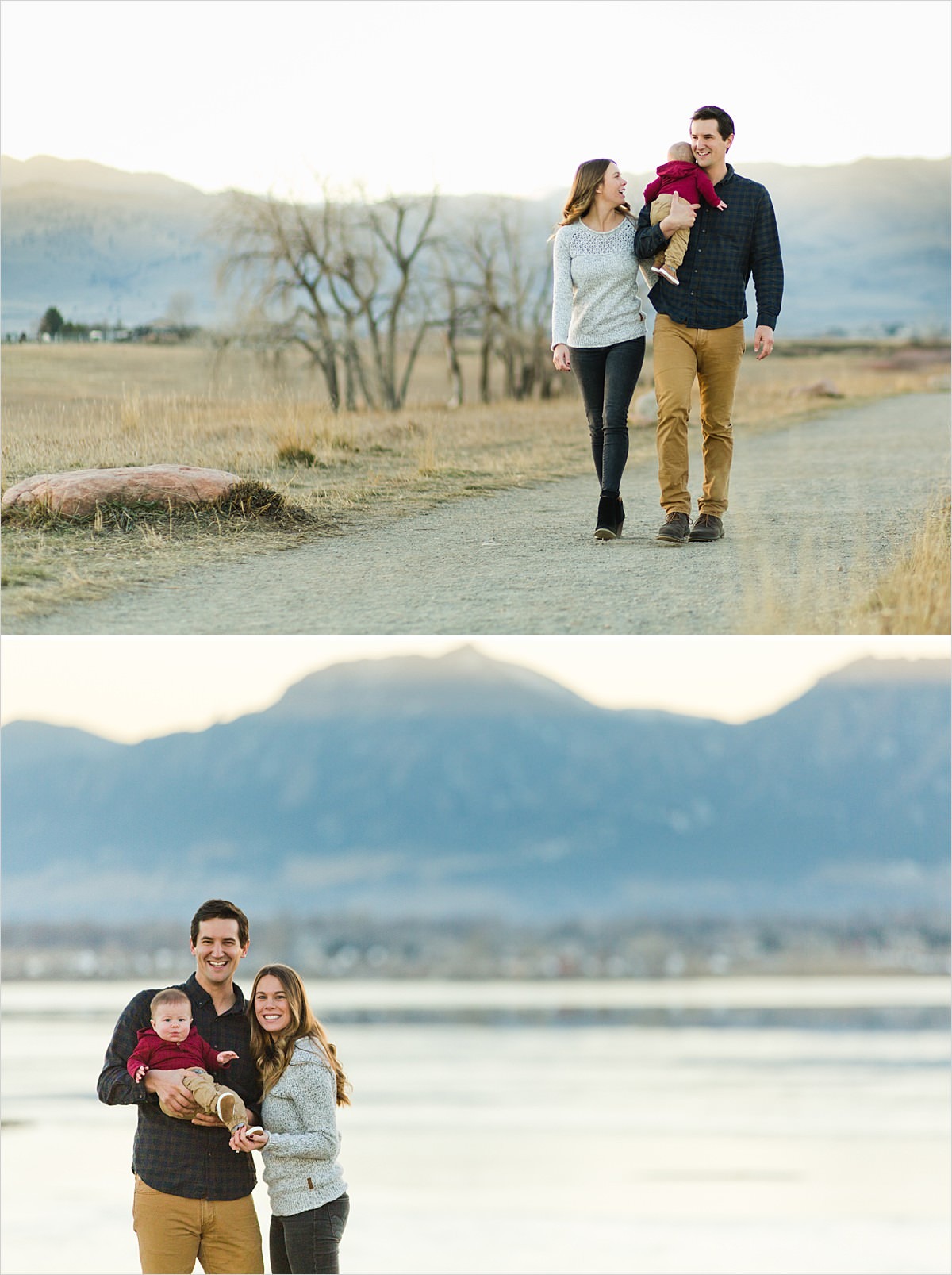 multiple images of a family walking on winter day in the outdoors of boulder, co