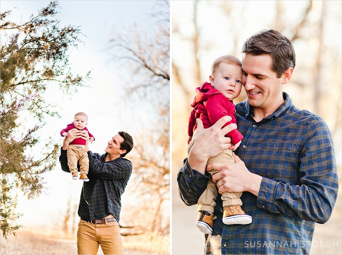 two images of a dad playing with his baby son