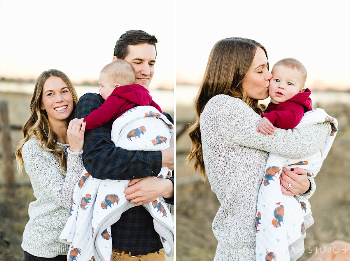 two images of parents snuggling with their baby boy on a winter day