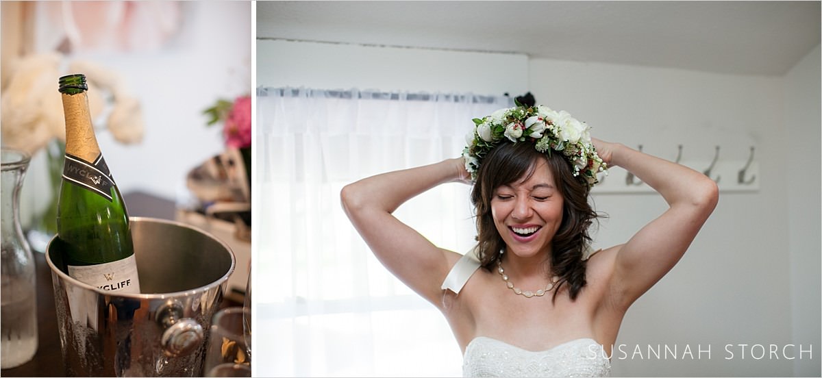 smiling bride adjusts hair